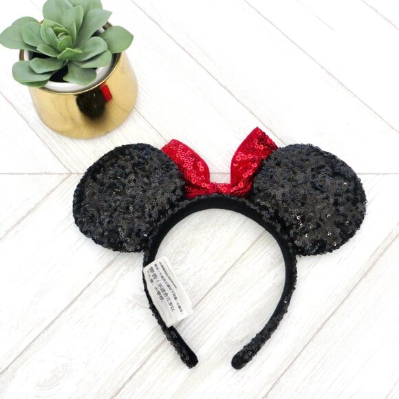 NEW! Disney Parks Minnie Mouse Headband Ears Black Sequin Ears Red Sequin Bow - Picture 4 of 5
